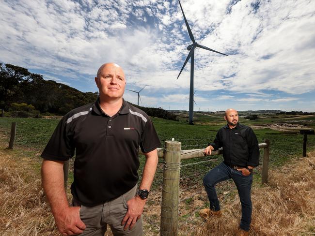 Australia's last wind farm manufacturer stopping production. Leigh Cleary, Workshop Manager for Keppel Prince Engineering in Portland [left], and Jeff Wanliss, Engineering and Business Development Manager for Keppel Prince in Portland.   Picture: Alex Coppel