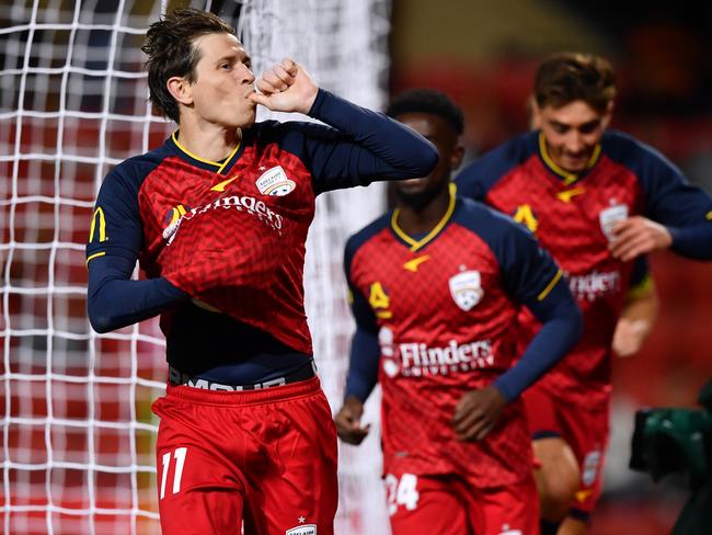 ADELAIDE, AUSTRALIA - MARCH 05:  Craig Goodwin of Adelaide United celebrates after scoring his teams second goal during the A-League match between Adelaide United and the Newcastle Jets at Coopers Stadium, on March 05, 2021, in Adelaide, Australia. (Photo by Mark Brake/Getty Images)