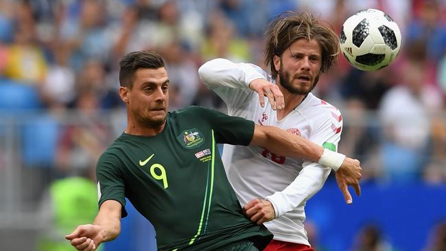 Socceroos 2018 FIFA World Cup striker Tomi Juric in front of Denmark’s Lasse Schone in Russia at Samara Arena  (Photo by Stu Forster/Getty Images)