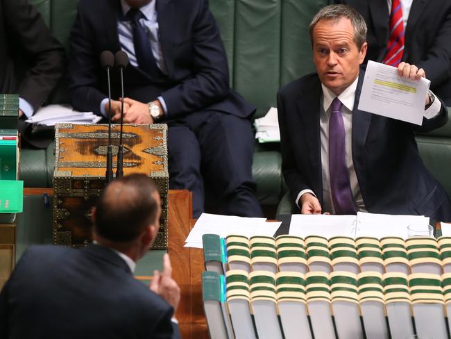 Opposition Leader Bill Shorten takes on Prime Minister Tony Abbott in Question Time. Picture: Kym Smith