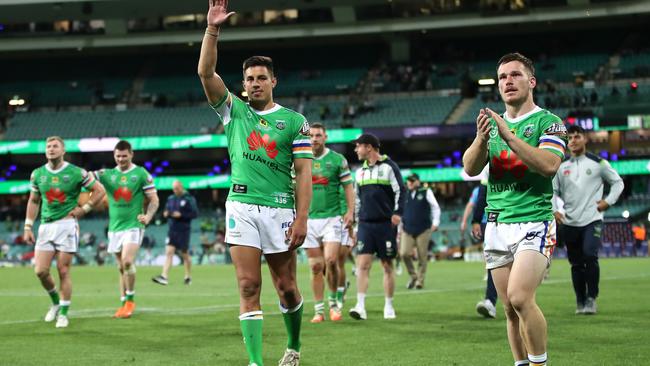 SYDNEY, AUSTRALIA - OCTOBER 09:  Joseph Tapine of the Raiders thanks the crowd after winning the NRL Semi Final match between the Sydney Roosters and the Canberra Raiders at the Sydney Cricket Ground on October 09, 2020 in Sydney, Australia. (Photo by Cameron Spencer/Getty Images)