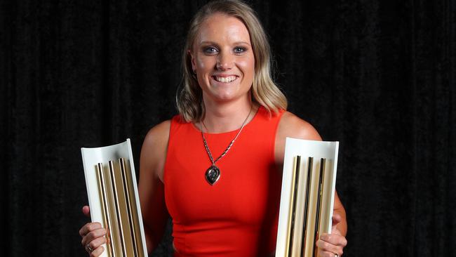 Alyssa Healy with her clean sweep of awards. Picture: Getty Images