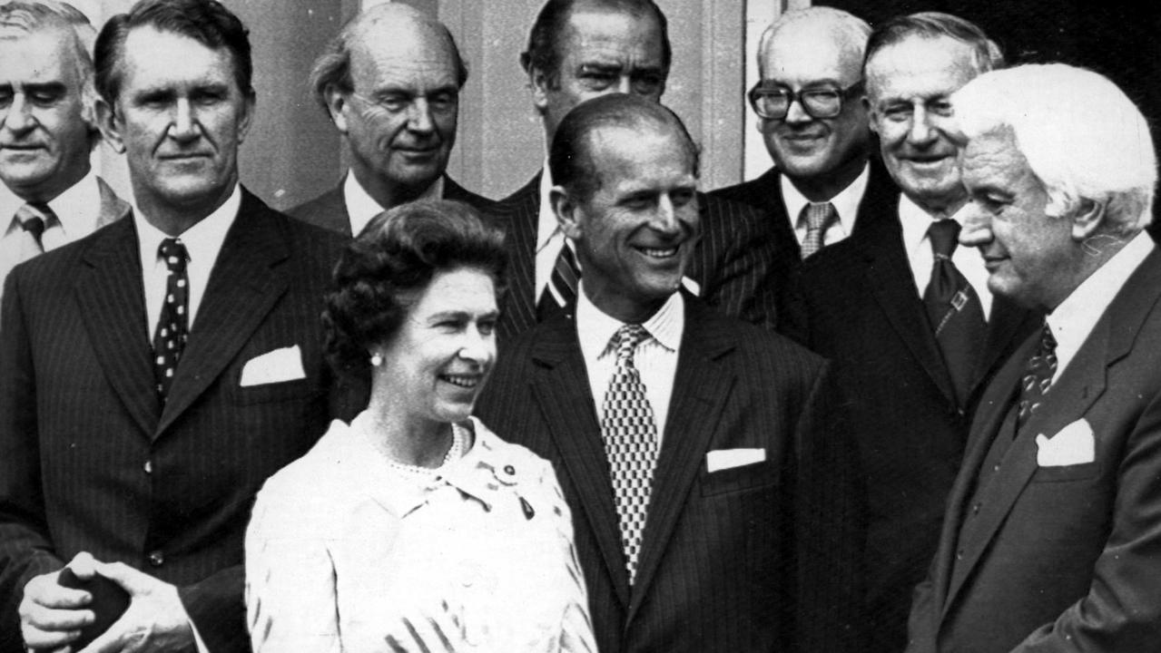 Then prime minister Malcolm Fraser, left, with Queen Elizabeth II, Prince Philip and governor-general Sir John Kerr, right, in Canberra during the 1977 royal tour.