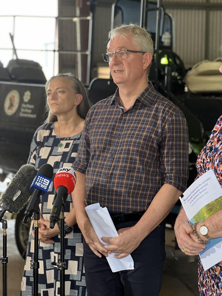 NT Environment Department's Executive Director Flora and Fauna Alaric Fisher (R) with Environment Minister Kate Worden. Picture: Fia Walsh