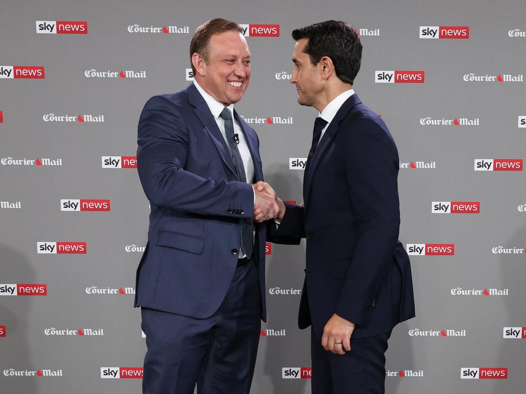 Queensland Premier Steven Miles and Mr Crisafulli took part in a final election debate on Tuesday. Picture: NewsWire / POOL/ Adam Head