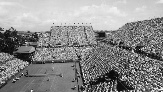 Fans pack the stands at Milton for the Australia v USA doubles in the Davis Cup in 1958.