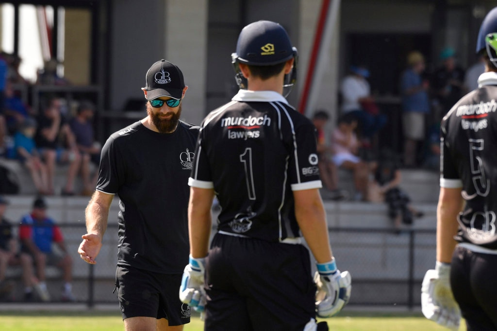 Matt Dennis with opening George Banks Umbrellas batsman against Liebke Lions in Darling Downs Bush Bash League (DDBBL) round five T20 cricket at Highfields Sport Park, Sunday, October 20, 2019. Picture: Kevin Farmer