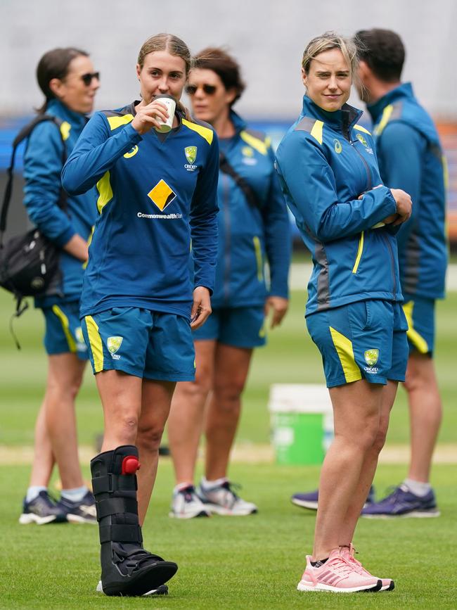 Vlaeminck watched on from the sidelines with Ellyse Perry as Australia won the 2020 T20 World Cup in front of 86,000 people. Picture: AAP Image/Scott Barbour