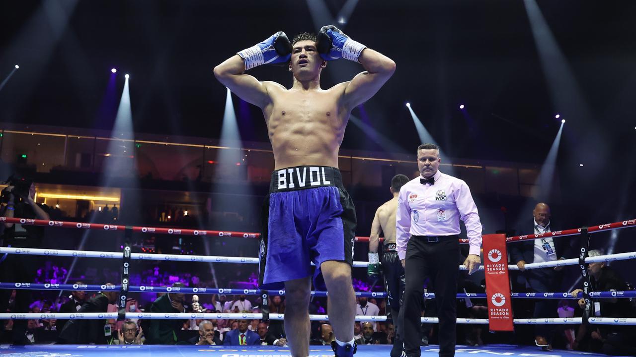 RIYADH, SAUDI ARABIA - OCTOBER 12: Dmitrii Bivol reacts before the decision after the IBF, IBO, WBC and WBO World Light Heavyweight titles' fight between Artur Beterbiev and Dmitrii Bivol as part of the Riyadh Season - IV Crown Showdown card at Kingdom Arena on October 12, 2024 in Riyadh. (Photo by Richard Pelham/Getty Images)