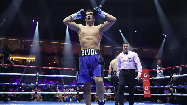 RIYADH, SAUDI ARABIA - OCTOBER 12: Dmitrii Bivol reacts before the decision after the IBF, IBO, WBC and WBO World Light Heavyweight titles' fight between Artur Beterbiev and Dmitrii Bivol as part of the Riyadh Season - IV Crown Showdown card at Kingdom Arena on October 12, 2024 in Riyadh. (Photo by Richard Pelham/Getty Images)