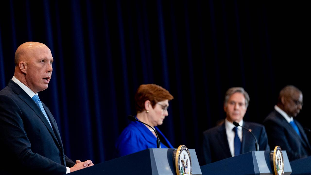 Australian Minister of Defence Peter Dutton, Australian Foreign Minister Marise Payne, US Secretary of State Antony Blinken, and US Defense Secretary Lloyd Austin. Picture: AFP.