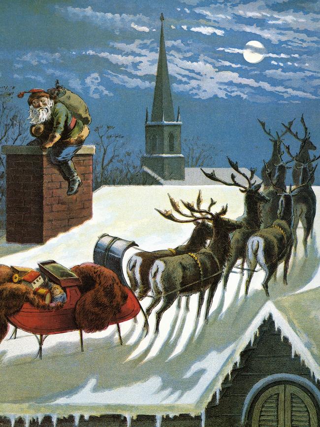 A vintage illustration from the poem 'The Night Before Christmas, or a Visit from St Nicholas', by William Roger Snow, 1918. The poem illustrated was written by Clement Clark Moore in 1822, and first established the modern visualisation of Santa Claus.