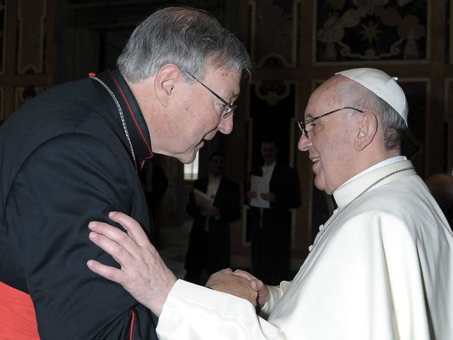 Cardinal George Pell meets with Pope Francis during the Pope's Audience with Cardinals on 15th March 2013.