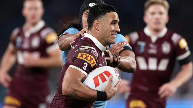Valentine Holmes is tackled during game one of the 2024 Men's State of Origin Series. (Photo by Cameron Spencer/Getty Images)