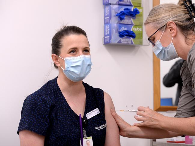 Melbourne ICU nurse Adrienne Pendrey receives her second Pfizer COVID-19 vaccine. Picture: NCA NewsWire / Andrew Henshaw