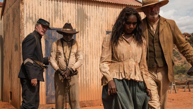 Bryan Brown, Hamilton Morris, Natassia Gorey-Furber and Sam Neill in a scene from Sweet Country.