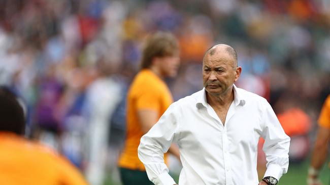 SAINT-ETIENNE, FRANCE - SEPTEMBER 17: Head Coach, Eddie Jones looks on during the Rugby World Cup France 2023 match between Australia and Fiji at Stade Geoffroy-Guichard on September 17, 2023 in Saint-Etienne, France. (Photo by Chris Hyde/Getty Images)