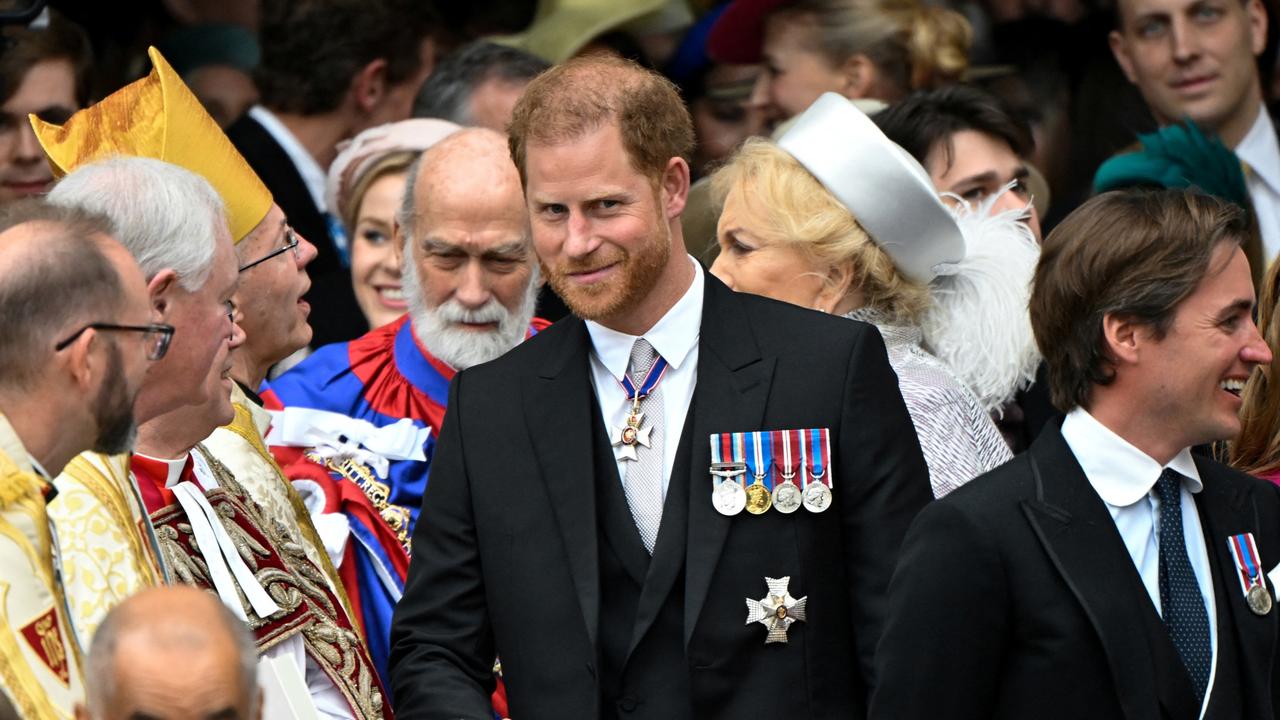 Prince Harry leaves Westminster Abbey following the coronation of his father. Picture: Getty Images