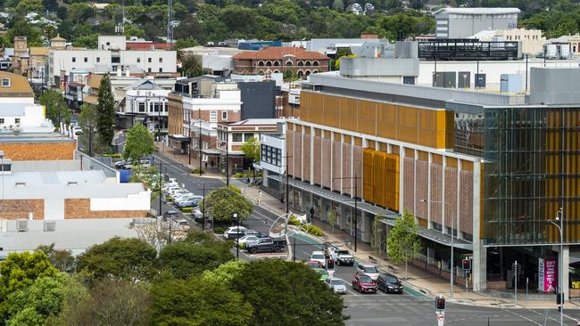 Margaret St and Grand Central in the Toowoomba CBD as seen from a Hutchinson Builders construction crane at the inner-city apartments build in Mylne St, Friday, October 14, 2022. Picture: Kevin Farmer