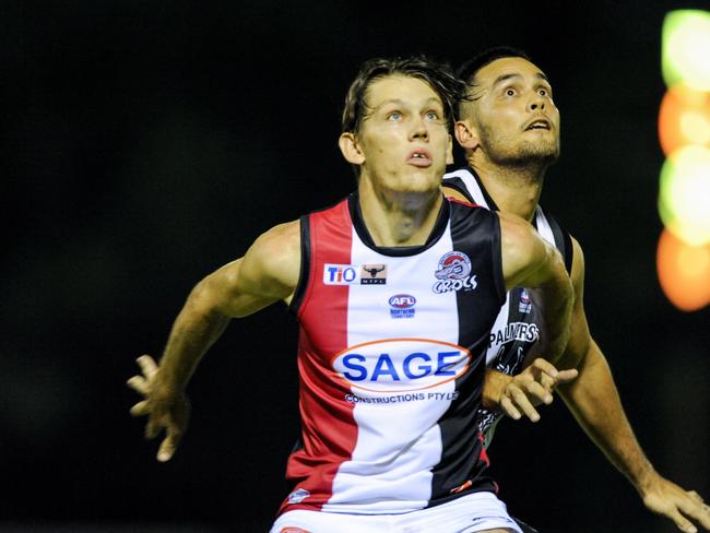 13/10/2017 AFL at Asbuild Oval. Southern Districts' Sam Smith and Palmerston's compete in a ruck contest during Friday's match; Picture: Felicity Elliott