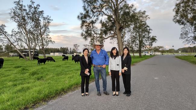 NSW beef farmer Robert Mackenzie (centre) met with officials from Sichuan, who had flown to Australia over the Easter weekend to inspect his farms. Picture: Supplied