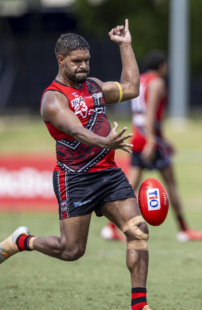 Malachi Walley playing for the Tiwi Bombers against the Southern Districts in Round 16 of the 2024-25 NTFL season. Picture: Pema Tamang Pakhrin