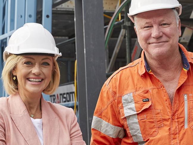 The Block hosts Shelley Craft and Scott Cam on the construction site at The Oslo. Supplied by Channel 9.