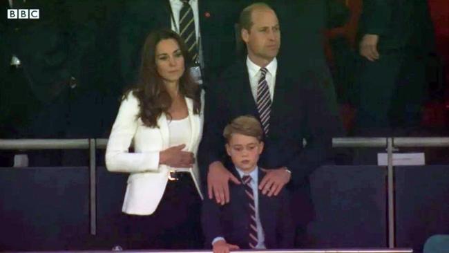 Prince George, Prince William and Kate Middleton are seen looking downcast after England were defeated in a penalty shootout in London. Picture: BBC