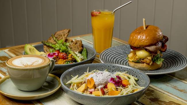 Mudjira Village Eatery dishes: nourishing bowl, maximilian bircher (middle front) and a benny burger. Picture: Jerad Williams