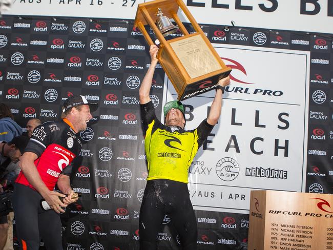 Mick Fanning celebrates his victory at the Rip Curl Pro in 2014. Picture: WSL
