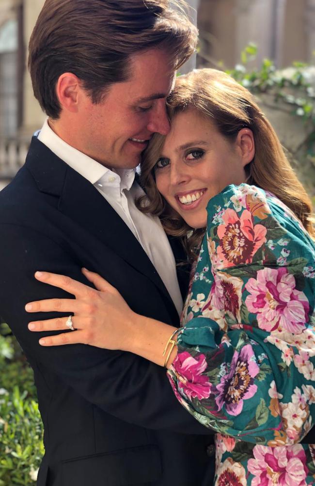 Princess Beatrice and Mr Edoardo Mapelli Mozzi pose together as their engagement is announced. Picture: Buckingham Palace via Getty Images.