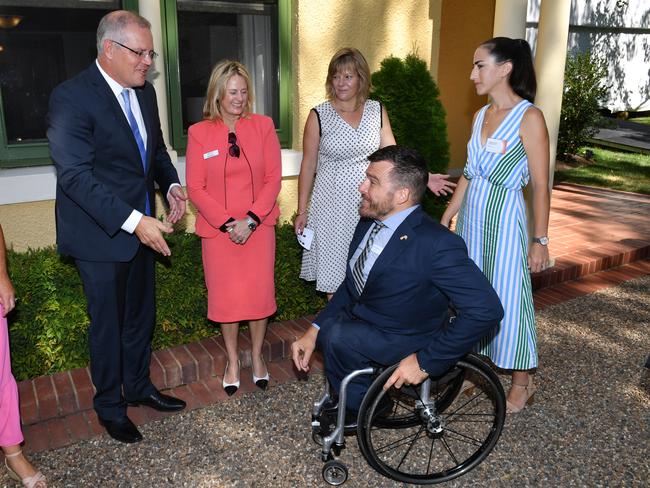 Prime Minister Scott Morrison meets with NSW 2019 Australian of the Year finalist Kurt Fearnley at the 2019 Australian of the Year finalist morning tea at The Lodge in Canberra. Picture: AAP