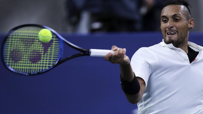 Nick Kyrgios, plays a forehand to Steve Johnson. Picture: AP