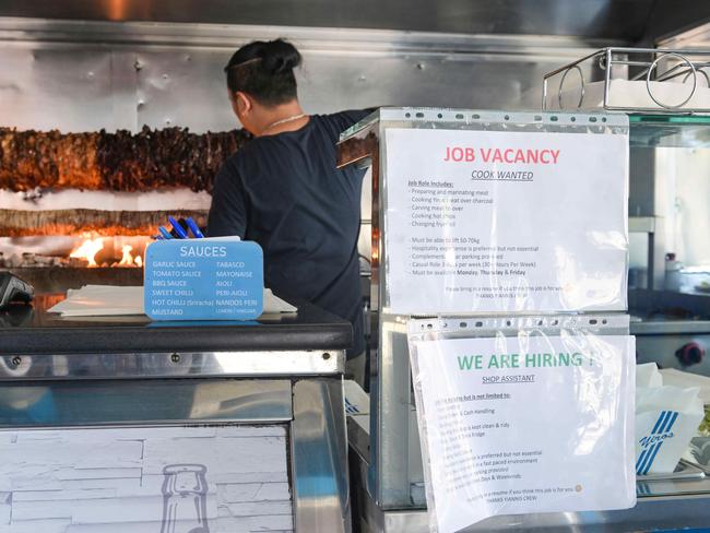 Job vacancy signs at a kebab shop. Picture: Brenton Edwards