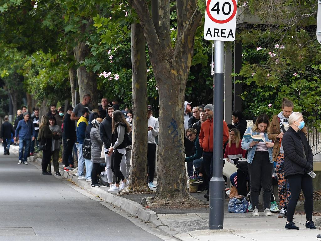 JobKeeper saved many people from Centrelink queues like this one in Melbourne on March 24, 2020. Picture: James Ross/AAP