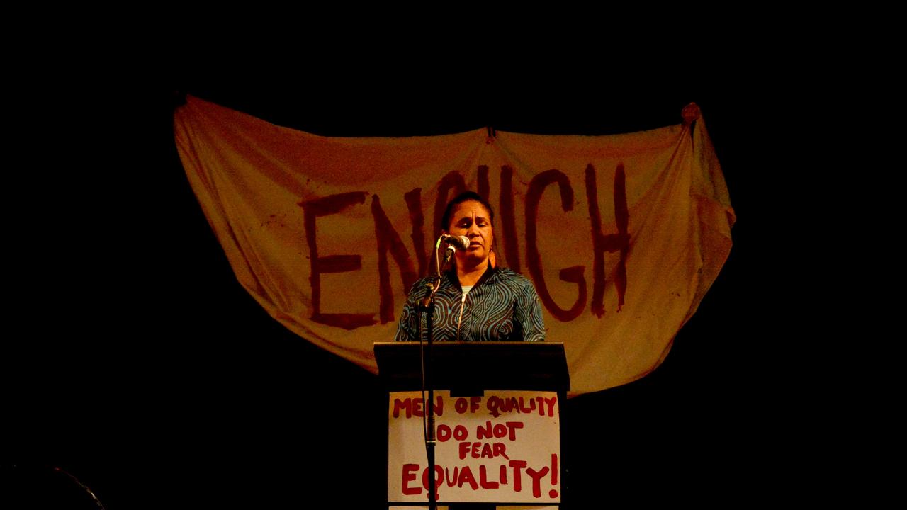 Delta Kay speaks at the March 4 Justice event in Mullumbimby on Monday, March 15, 2021. Picture: Liana Boss