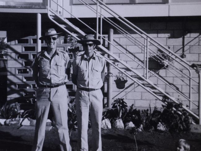 EMBARGO FOR TWAM, 07 DECEMBER 2024. FEE MAY APPLY. Cyclone Tracy story, L-R Fannie Bay Gaol Prison officers John Knight and Bill Jauncey in uniform, Darwin early 1974. Photo: Courtesy of Bill Jauncey