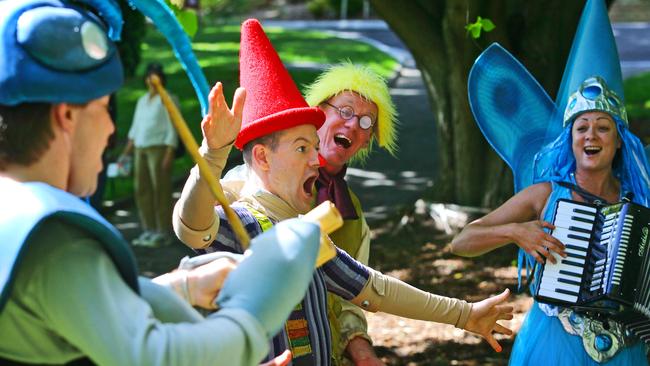 Summer is the time for theatre at the Royal Tasmanian Botanical Gardens, including Pinocchio by Big Monkey. This image is from the 2008 season of Pinocchio, featuring Chris Hamley, as the blue cricket, Jeff Michel, as Pinocchio, Robert Jarman as Geppetto and Carmen Falk as the blue fairy. A new version of the production will be performed this summer. Picture: Amy Brown