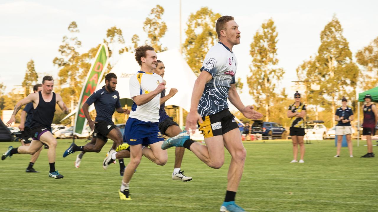 Rugby league player Austin Jennings claims the Fastest Male Footballer 75 yards title on 2021 Postle Gift Raceday at Club Pittsworth, Saturday, October 30, 2021. Picture: Kevin Farmer