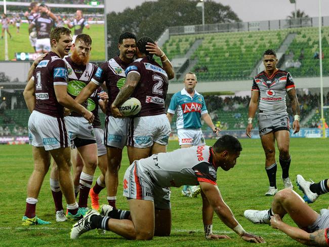 Jorge Taufua celebrates a try in the first half.