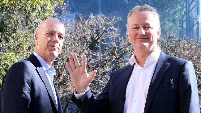 26/07/2018: (L-R) Fairfax CEO, Greg Hywood, with Nine CEO, Hugh Marks at Nine's Willoughby headquarters on Thursday. Nine and Fairfax have announced a historic merger, creating a $4.2 billion company. The combined company will be called Nine and will be headed by current Nine CEO, Hugh Marks. Hollie Adams/The Australian