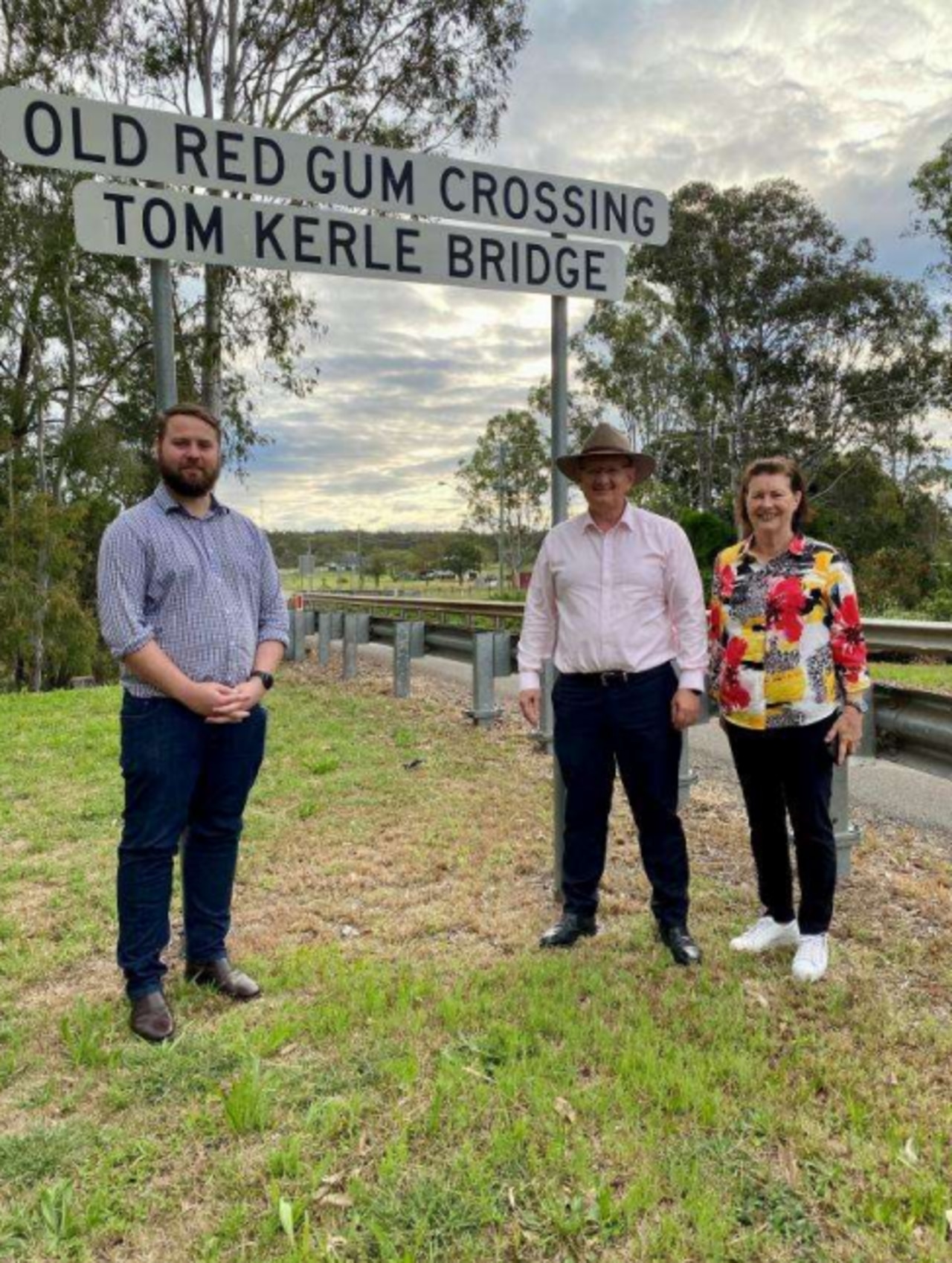 Councillors Jacob Madsen and Sheila Ireland and Federal Member for Blair Shayne Neumann pose for a photo regarding a media release, which resulted in a complaint against the deputy mayor. PICTURE: Contributed