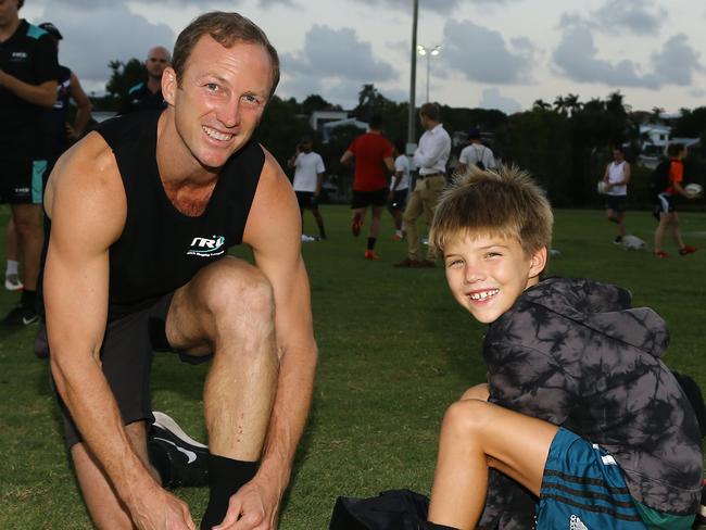 NRL legend Darren Lockyer laced up his boots for the first time since his retirement in 2011 to play Touch Rugby League this evening - Darren Lockyer with  his son Flynn, Brisbane Monday 4th March 2019 Picture AAP/David Clark