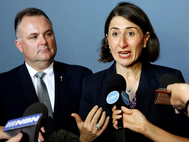 Premier Gladys Berejiklian with Terrigal MP Adam Crouch this morning. Picture: Sue Graham