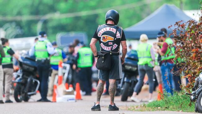 A combined law enforcement operation targeting members of the Hells Angels MC on the Stuart Highway south of Darwin. Picture: Glenn Campbell