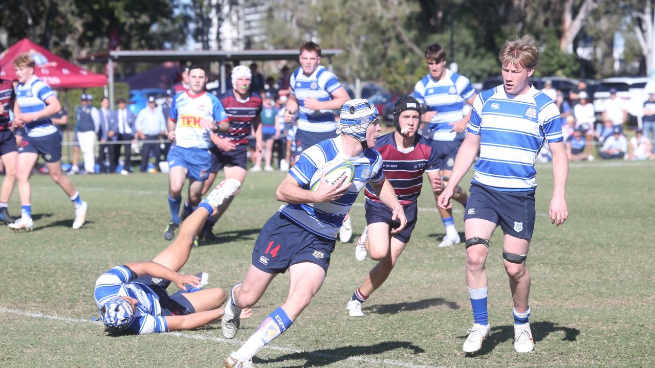 Pacy winger Nick Conway (No. 14 with the ball) adds to the excitement of Nudgee’s team this year. Picture by Richard Gosling