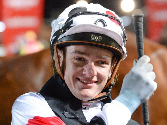 Luke Cartwright after winning the Melbourne Civil Group C,G&E BM64 Handicap at Cranbourne Racecourse on March 14, 2024 in Cranbourne, Australia. (Photo by Ross Holburt/Racing Photos via Getty Images)