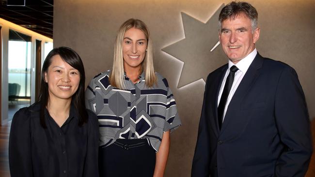 NAB chief executive Ross McEwan with regional manager for small business Carol Taing, left, and business bank executive for regional and agri business Casey Annetts. Picture: Dean Martin