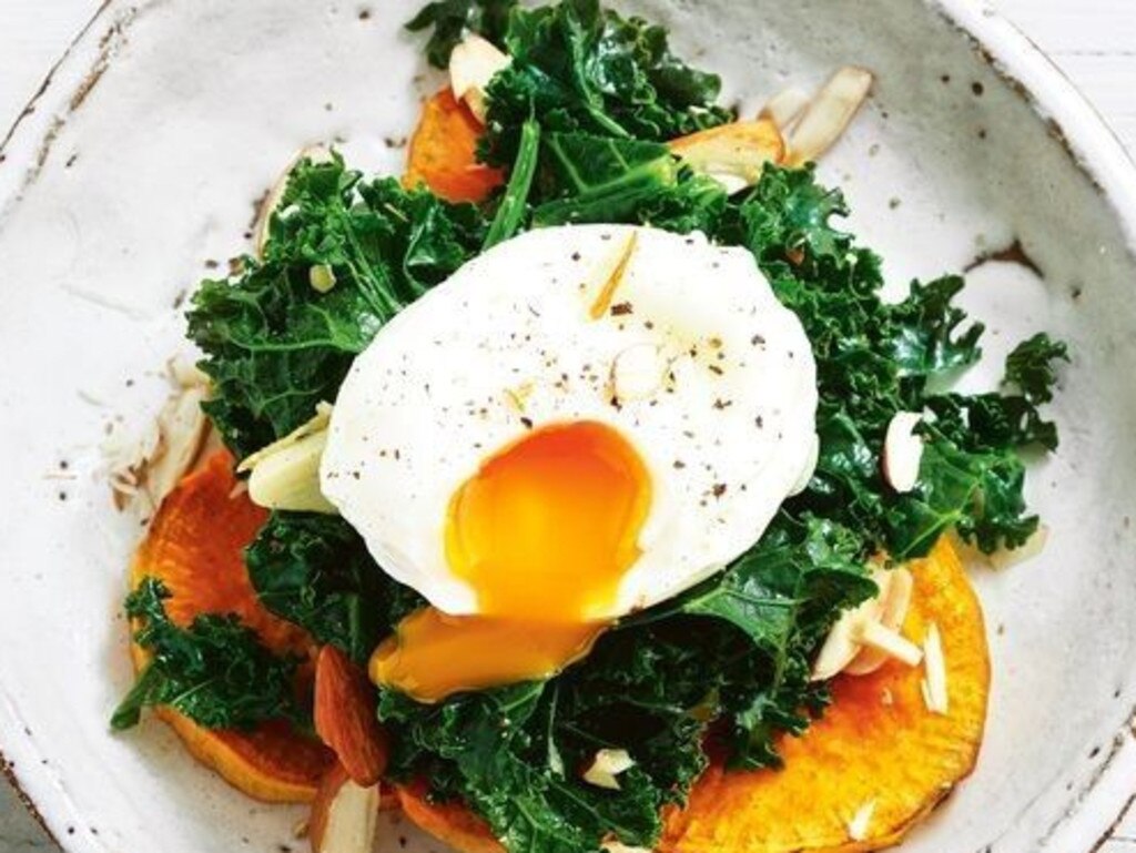 Roasted sweet potato, wilted garlic kale, poached egg and almonds.