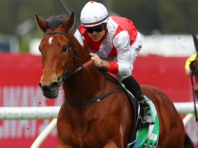 SYDNEY, AUSTRALIA - JUNE 15: Aaron Bullock riding Know Thyself wins Race 3 TAB Highway during Winter Cup Day - Sydney Racing at Rosehill Gardens on June 15, 2024 in Sydney, Australia. (Photo by Jeremy Ng/Getty Images)